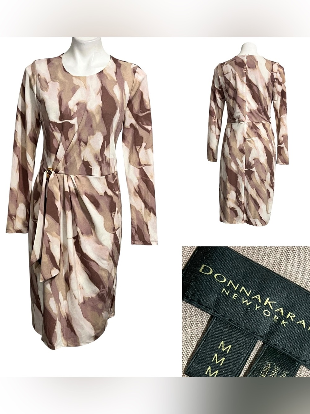 Donna Karan dress sz M Tan/Brown Long Sleeve faux wrap Jersey knee length